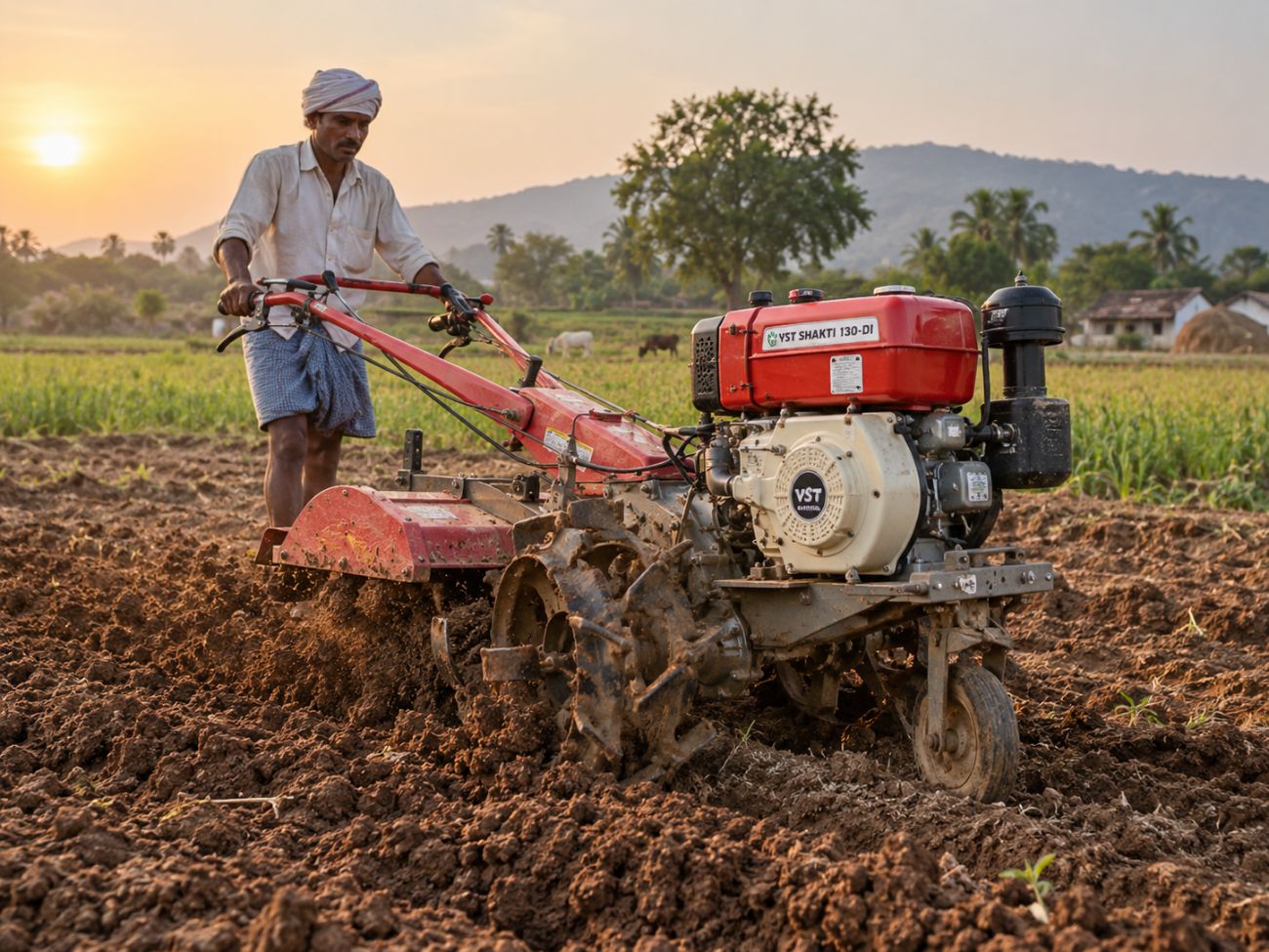 Farmer spraying young crop rows with a tractor-mounted boom sprayer at sunrise